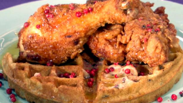 Fried Chicken and Wild Rice Waffles with Pink Peppercorn Butter and Maple-Horseradish Syrup image