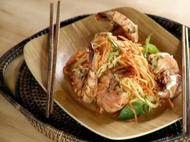 Spicy Thai Basil Grilled Shrimp with Sour Mango Salad Recipe | Corinne Trang | Food Network