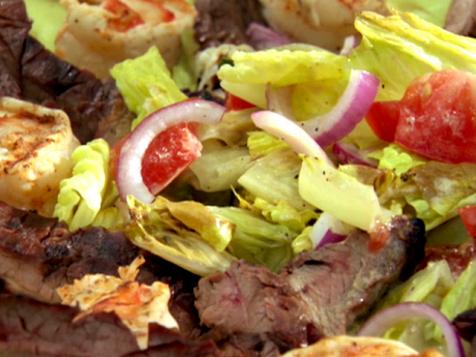 Surf n' Turf- Flank Steak and Prawns with a Salad of Grilled Romaine
