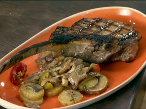 Grilled Veal Chop with Fingerlings, Mushrooms and Cherry Peppers