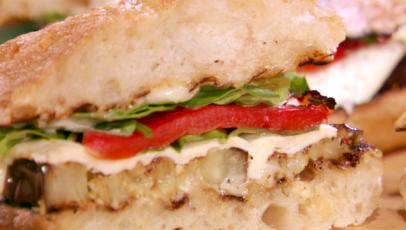 Grilled Eggplant And Fresh Mozzarella On Ciabatta With Roasted Red Peppers Garlic Mayonnaise Fresh Basil And Arugula Recipe Bobby Flay Food Network