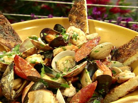 Grilled Andouille Sausage with Shrimp, Clams, Mussels and Garlic with Grilled Country Bread with Anchovy Butter