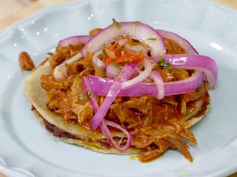 Shredded Pork and Bean Panuchos with Pickled Habanero and Onions (Cochinita Pibil)