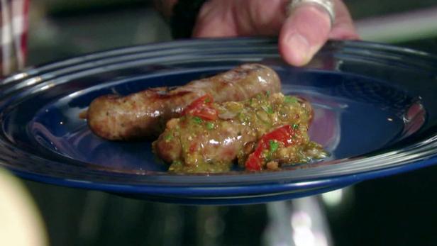 Grilled Beer Brats with Peppers and Onions image