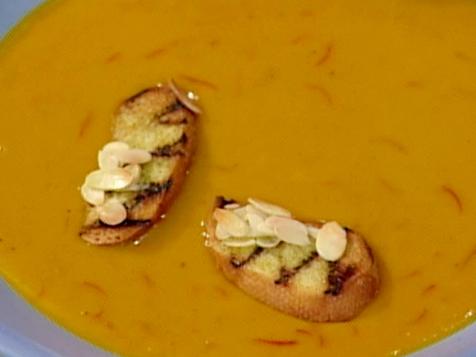 Roasted Butternut Squash and Saffron Soup with Toasted Almond Croutons