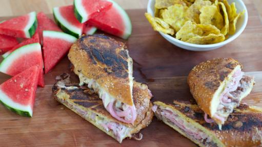 Monday Night Football is getting a flavor upgrade with the Cuban Sandwich  @mercedesbenzstadium, @atlantafalcons fans! Complete with plantain chips,  this dish is the perfect play for dinner tonight - Levy Restaurants