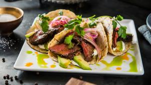 Hanger Steak Tacos with Chile and Herb Oils