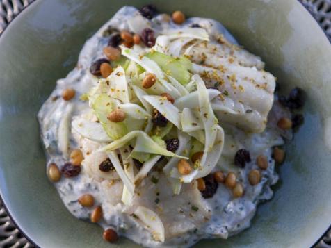 Olive Oil Poached Cod with Charred Onion Yogurt and Fennel Salad
