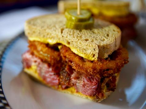 Pastrami Sandwich with Onion Rings and Quick Pickles