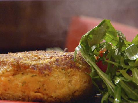 Salmon and Sweet Potato Cakes with Agrodolce Relish and Arugula
