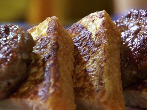 Savory French Toast with Homemade Sausage Patties and Warm Honey, Strawberries and Basil