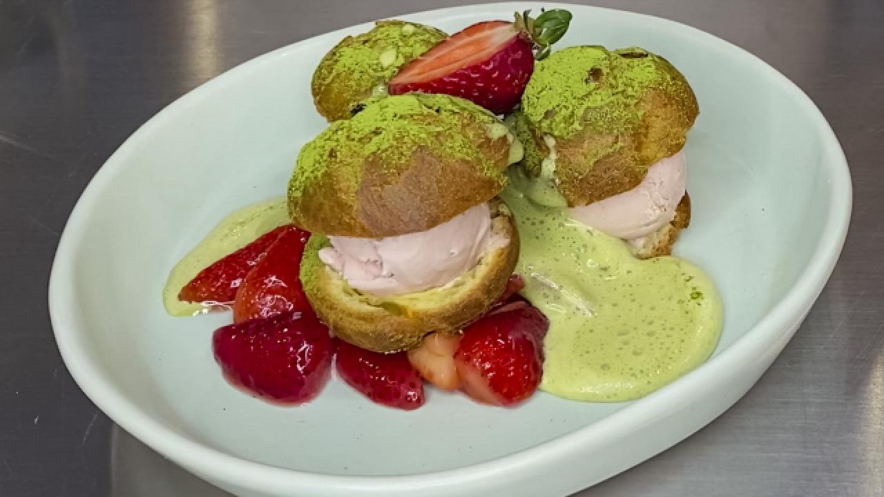 Strawberry Ice Cream Profiteroles with Green Tea Sauce