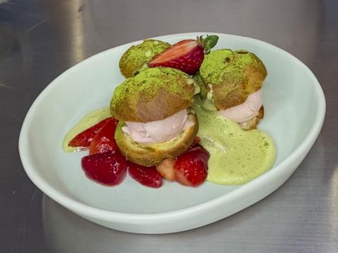 Strawberry Ice Cream Profiteroles with Green Tea Sauce
