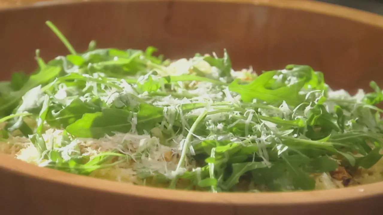 Angel Hair Pasta with Fried Chili Flakes, Lemon and Arugula