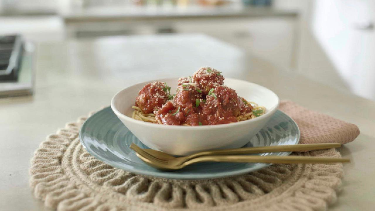 Tomato Basil Spaghetti with Spicy Andouille Sausage Meatballs