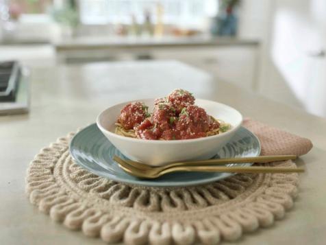 Tomato Basil Spaghetti with Spicy Andouille Sausage Meatballs