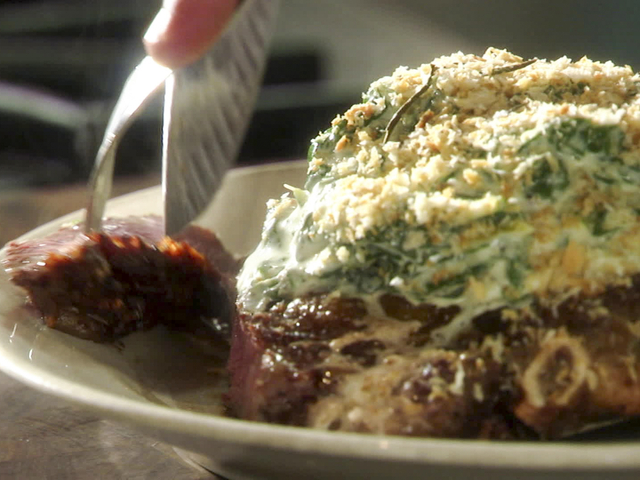 Chard Rib Eye Pan Roasted Cowboy Ribeye with Creamed Swiss Chard Recipe - Chef's ...