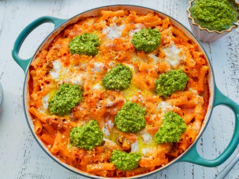 Meaty Ziti with Pesto Dollops
