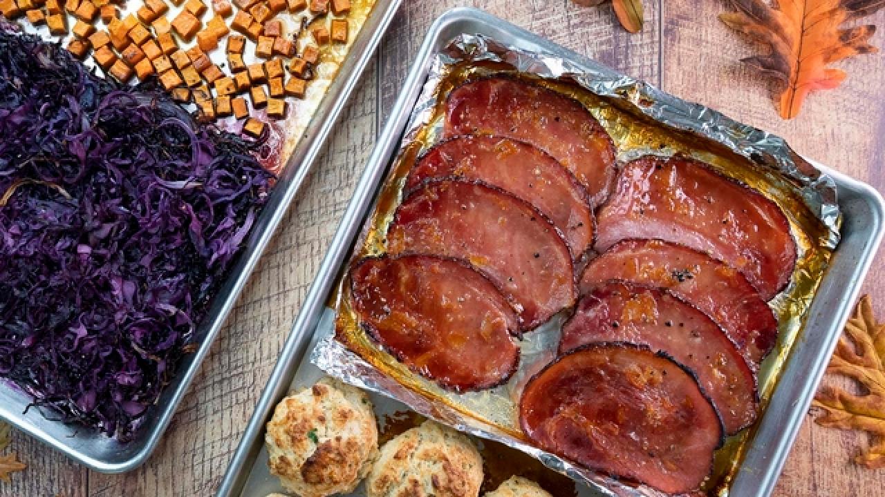 Sheet Pan Holiday Ham and Biscuits