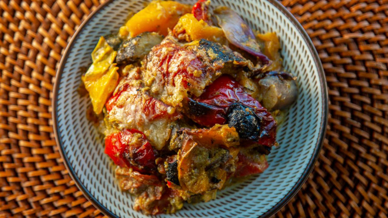Grilled Zucchini and Eggplant Casserole with Pistachio Pesto