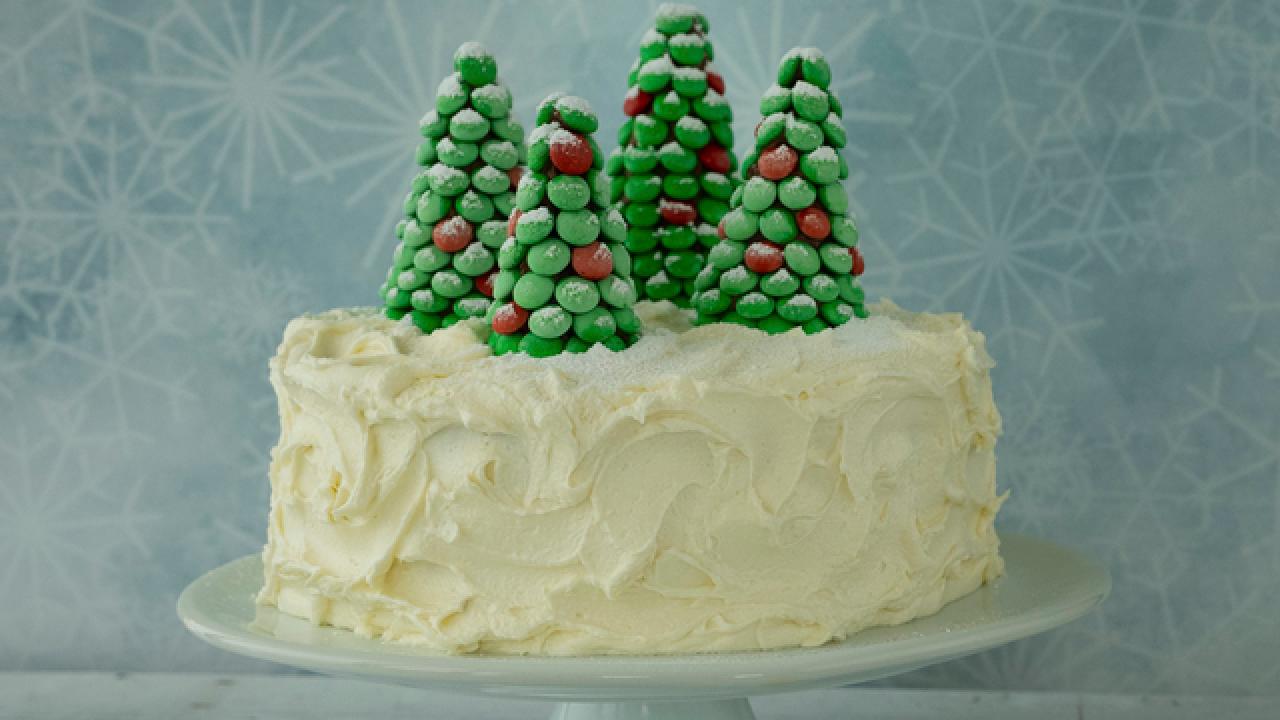 Peppermint Layer Cake with M&M's Trees