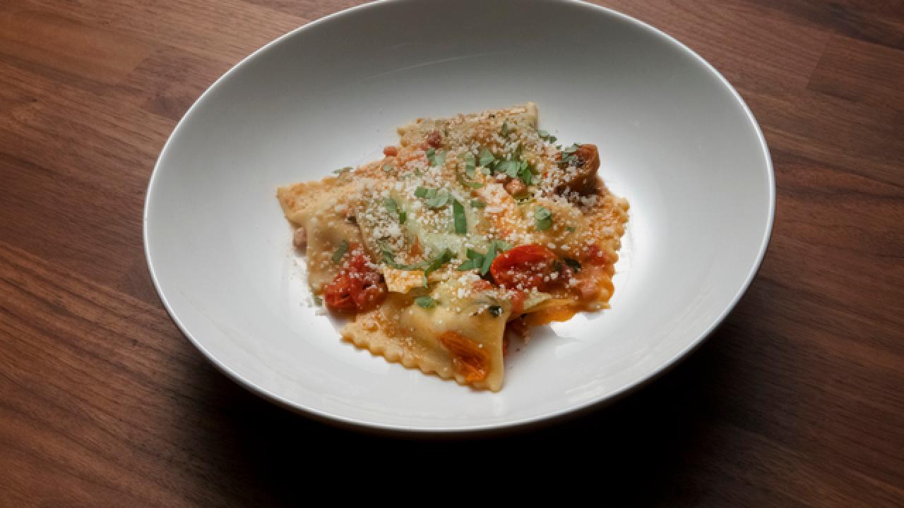 Agnolotti with Sausage and Ricotta Filling and Burst Cherry Tomato Sauce
