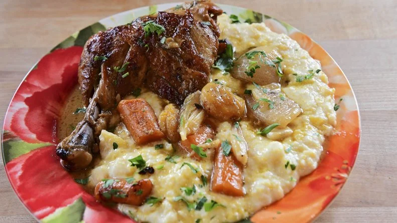 Close-up of Wine Braised Chicken with Apricots, as seen on The Pioneer Woman, season 29.