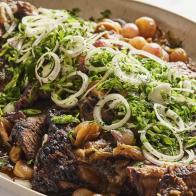 Description: Food Network Kitchen's Passover Brisket. Keywords: Brisket, Sweet Onions, White Wine, Thyme, Garlic, Pearl Onions, Leeks, Honey, Scallions, Shallot, Parsley, Mint.