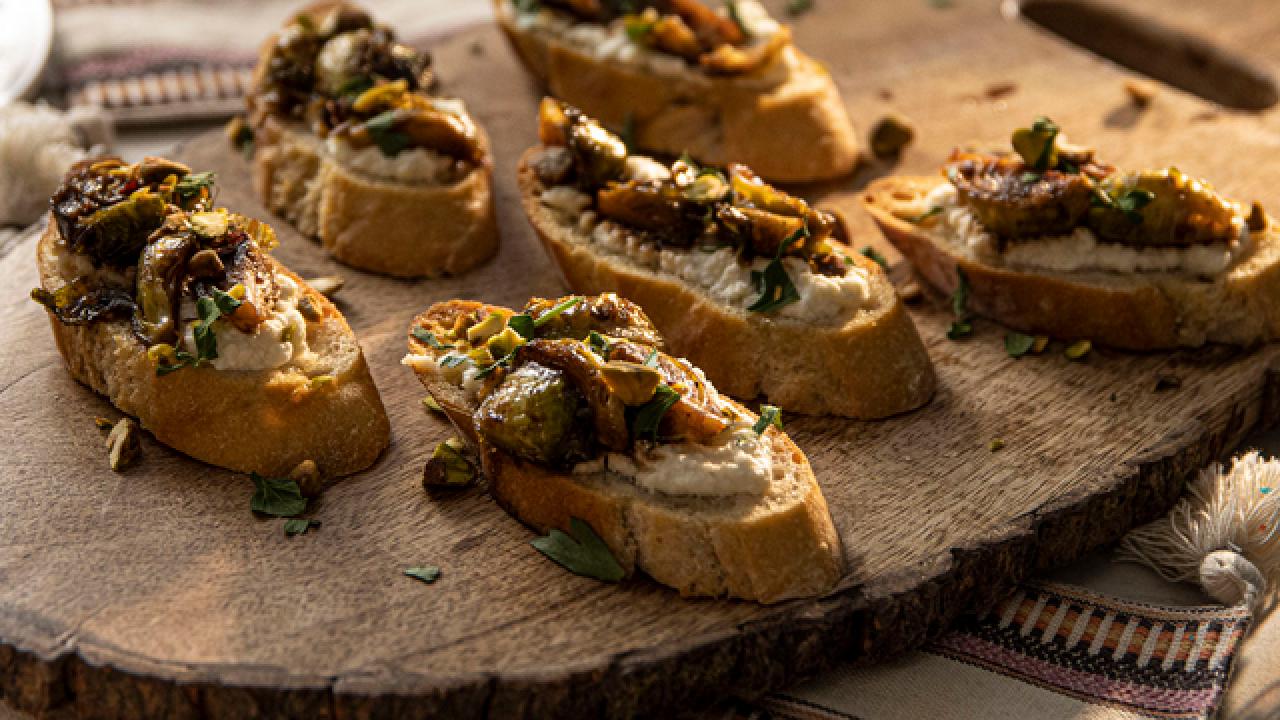 Honey-Glazed Brussels and Ricotta Crostini