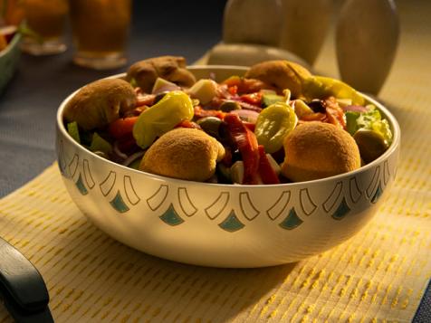 Pizza Salad with Pesto Stuffed Crust Croutons