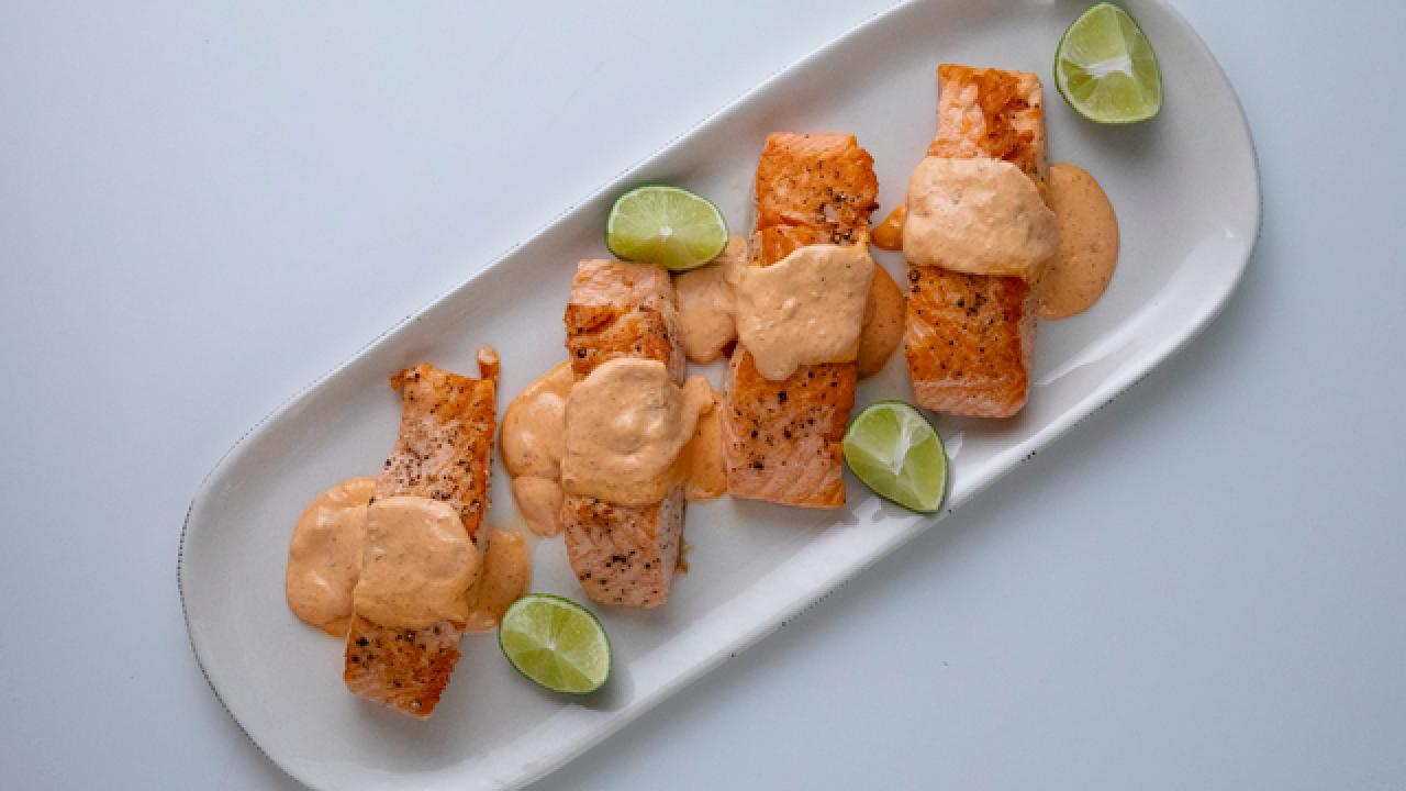 Seared Salmon with Spicy Red Pepper Aioli