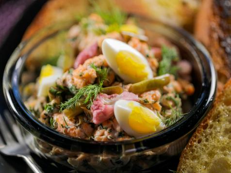 Smoked Trout Dip with Pickled Veggies and Quail Eggs