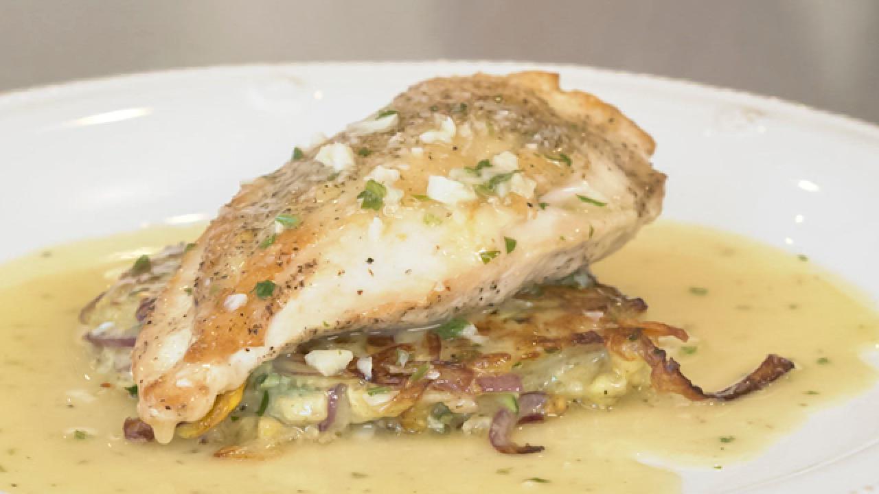 Pan Seared Chicken Breast with Herb Jus and Potato-Vegetable Hash