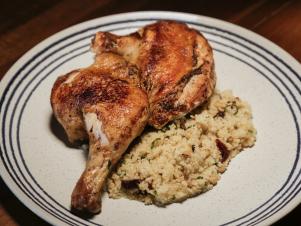 Chef Gavin’s Roasted Chicken Thighs with an Herb, Pine Nut, and Date Couscous, as seen on Chef Boot Camp, season 2.
