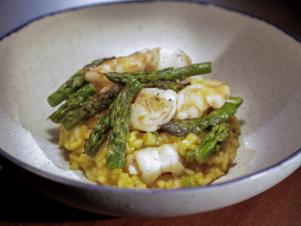 Shrimp and asparagus rissoto prepared by chef 1 in Portable Provisions, as seen on Chef Boot Camp, Season 2.