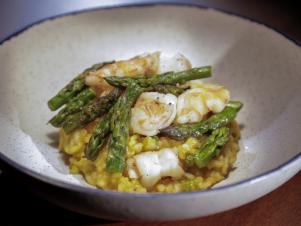 Shrimp and asparagus rissoto prepared by chef 1 in Portable Provisions, as seen on Chef Boot Camp, Season 2.