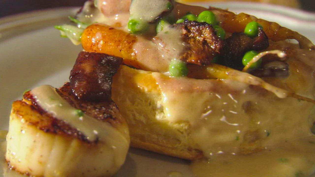 Seared Scallops in Beurre Blanc with Baby Spring Vegetables in Puff Pastry