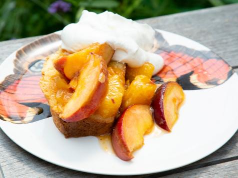 Polenta Pound Cake with Peach Topping and Mascarpone Whipped Cream
