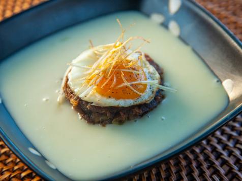 Potato Soup with Bacon, Cheddar Bread Pudding and Fried Egg