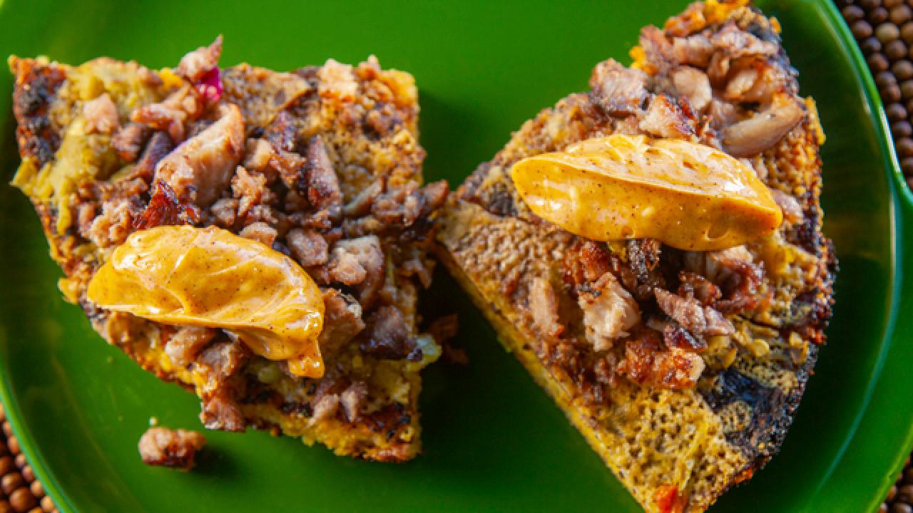 Green Chile Cornbread Skillet with Crispy Pork and Spicy Honey Butter