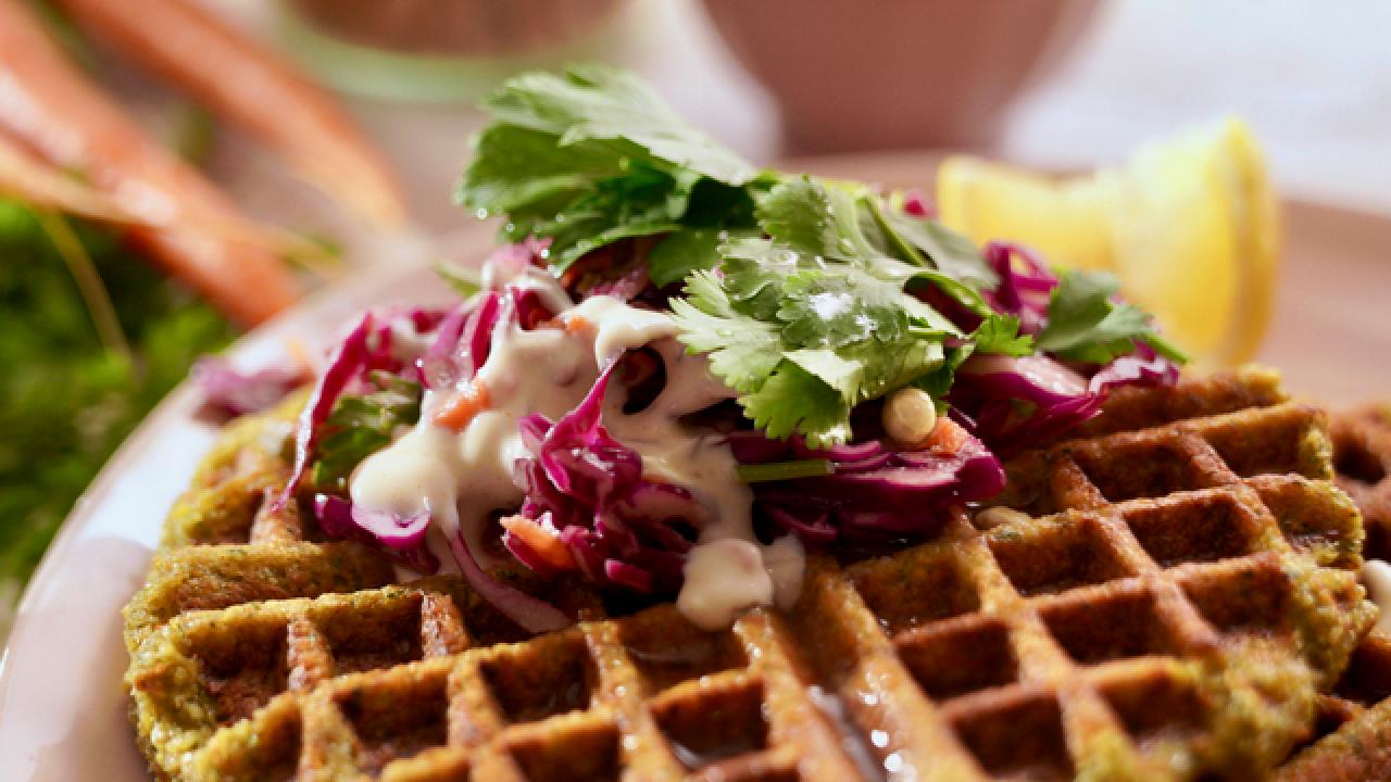 Falafel Waffles with Creamy Lemon Yogurt Slaw