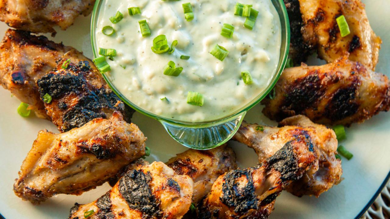 Grilled Wings with Honey Bourbon Glaze and Roquefort Dip