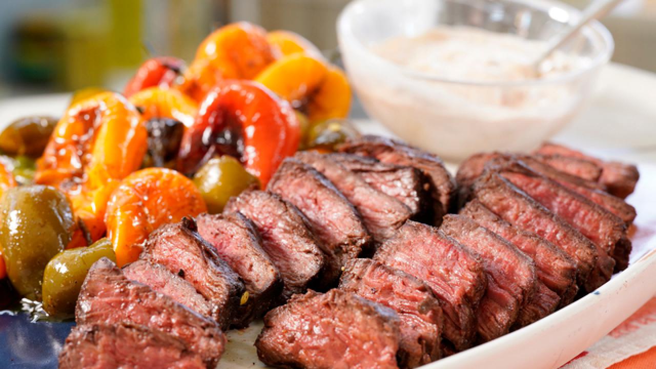Dry Rubbed Hanger Steak with Smoky Aioli and Charred Peppers
