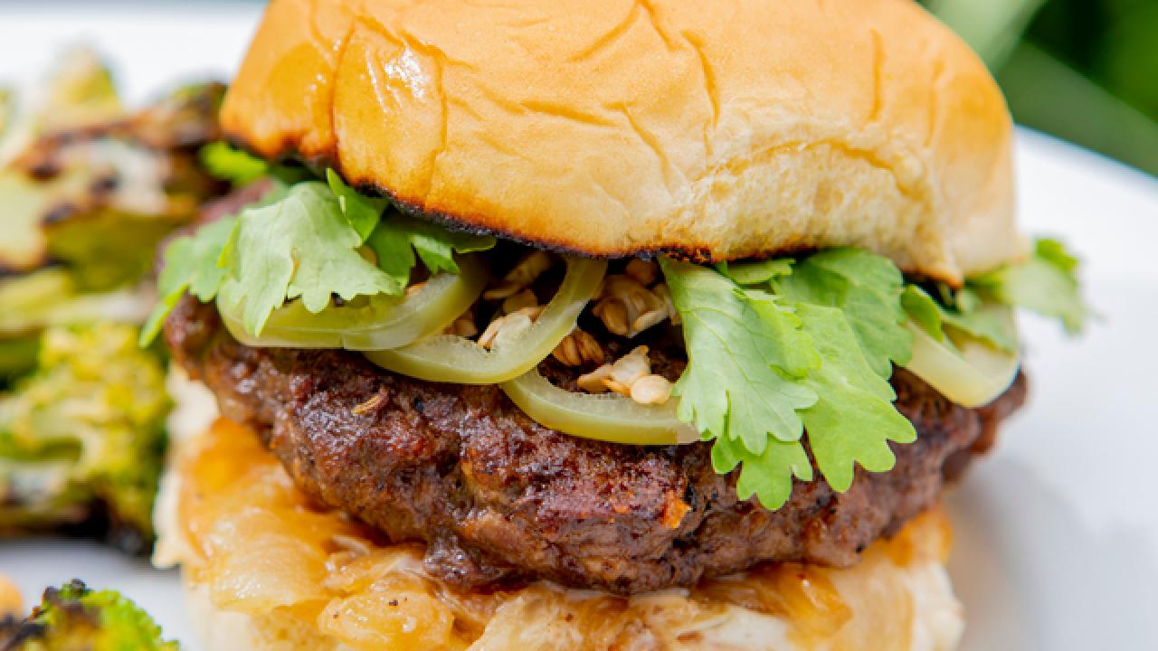 Beef and Chorizo Stuffed Burgers with Caramelized Onions