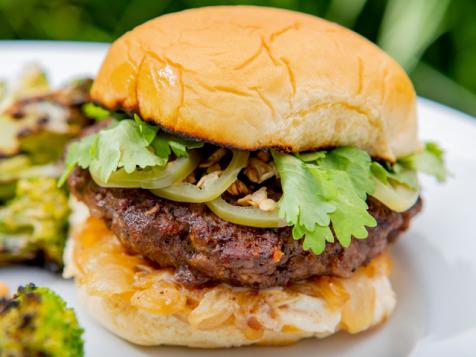 Beef and Chorizo Stuffed Burgers with Caramelized Onions