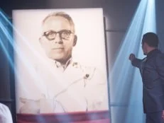 The Chairman reveals Rival-Chef Geoffrey Zakarian as the Winner and the newest Iron Chef in Episode 8 Finale Battle "Holiday Extravaganza" as seen on Food Network Next Iron Chef Season 4.