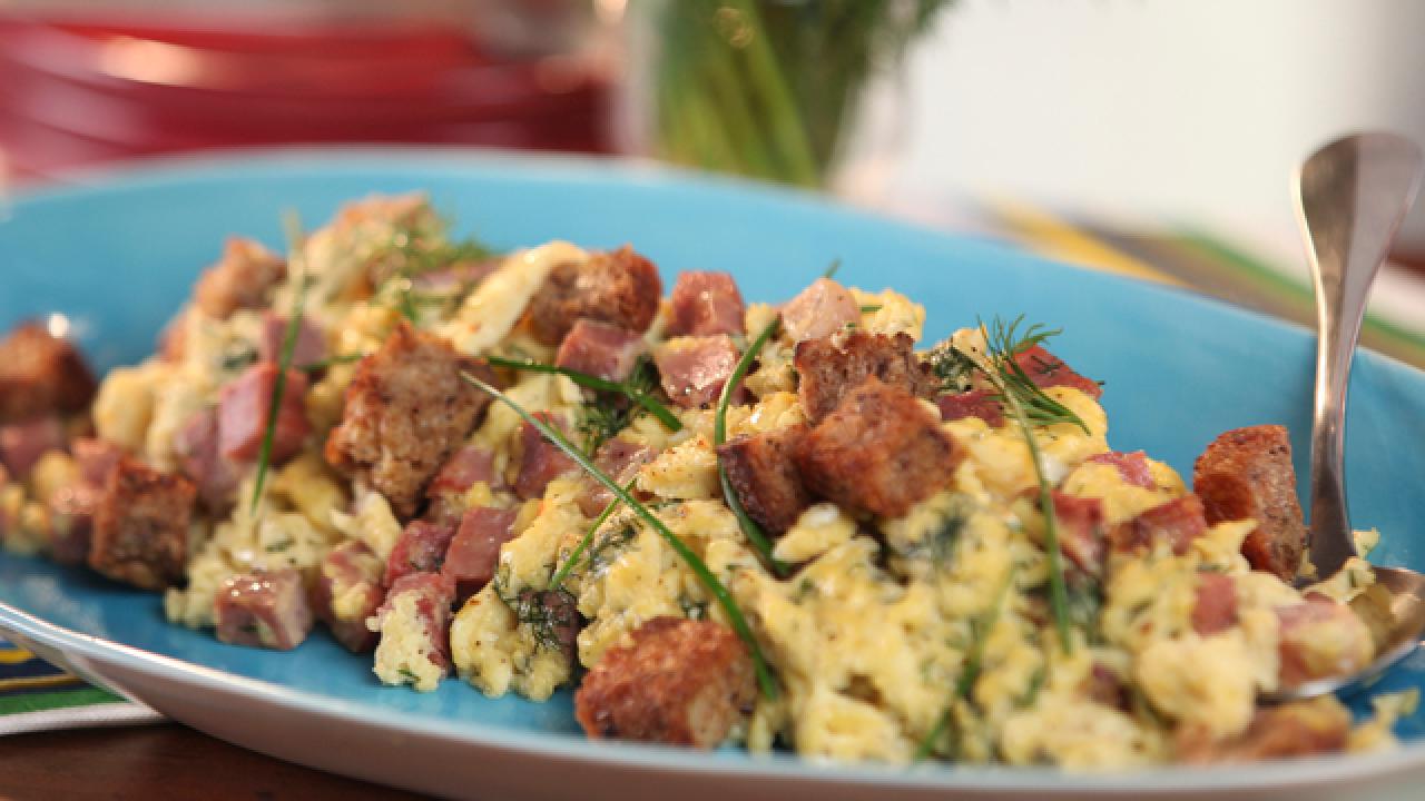 Creamy Scrambled Eggs with Country Ham and Toasted Croutons