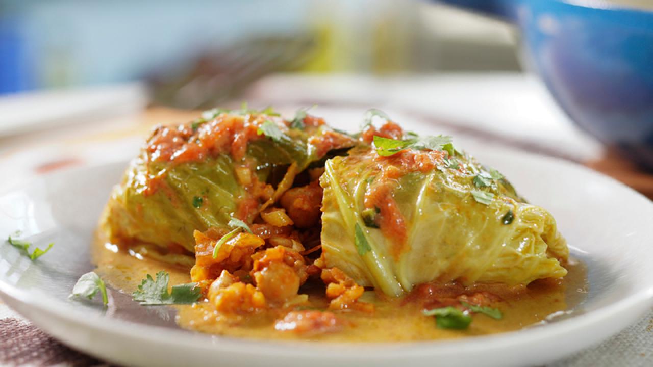 Stuffed Cabbage with Curry Coconut Milk and Chickpeas