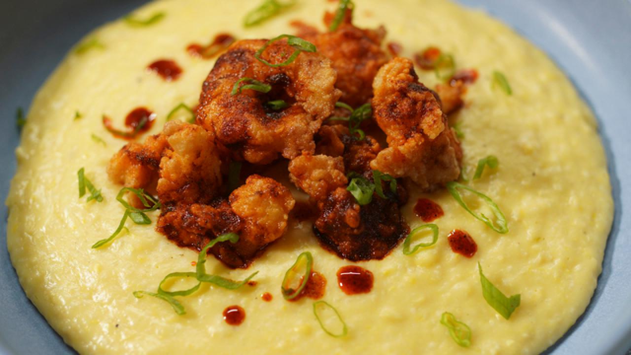 Crispy Nashville Hot Popcorn Shrimp and Creamy Grits