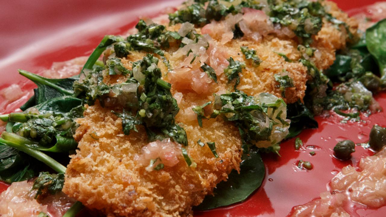Fluke Milanese with Salsa Verde and Spinach